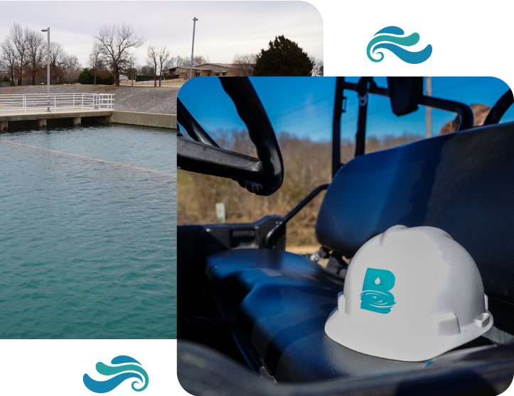 Collage image of water in tanks at treatment facility and a BWD hard hat sitting in an ATV