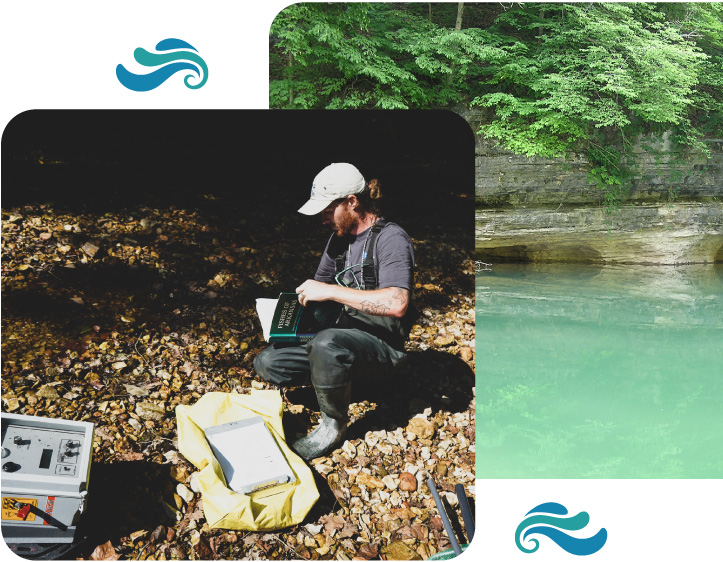 Collage of two images showing beaver lake water and Beaver Water District staff testing source water