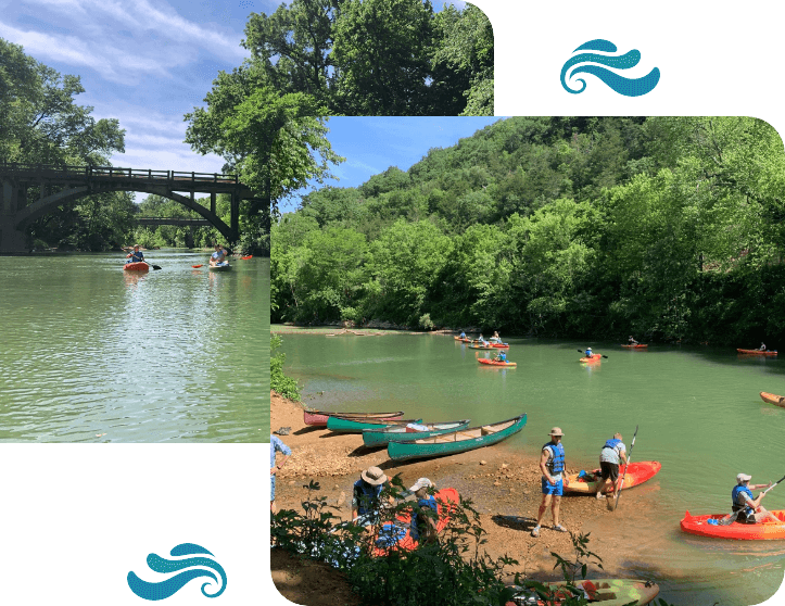 Two images of people floating on kayaks on a river and under a bridge